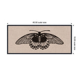 Black ink illustration of a butterfly with detailed wings on a neutral linen textured rectangular panel, oriented horizontally with a 40 by 18 size ratio.
