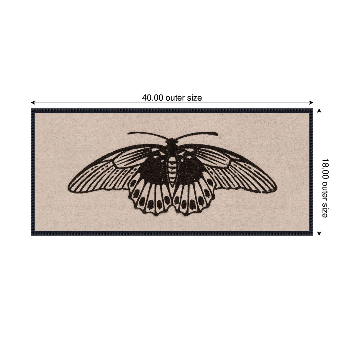 Black ink illustration of a butterfly with detailed wings on a neutral linen textured rectangular panel, oriented horizontally with a 40 by 18 size ratio.
