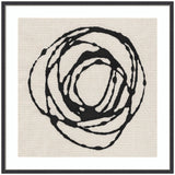 Abstract black swirling circle with irregular lines on beige textured background, framed in thin black square frame, titled Flowing Circle Abstract.