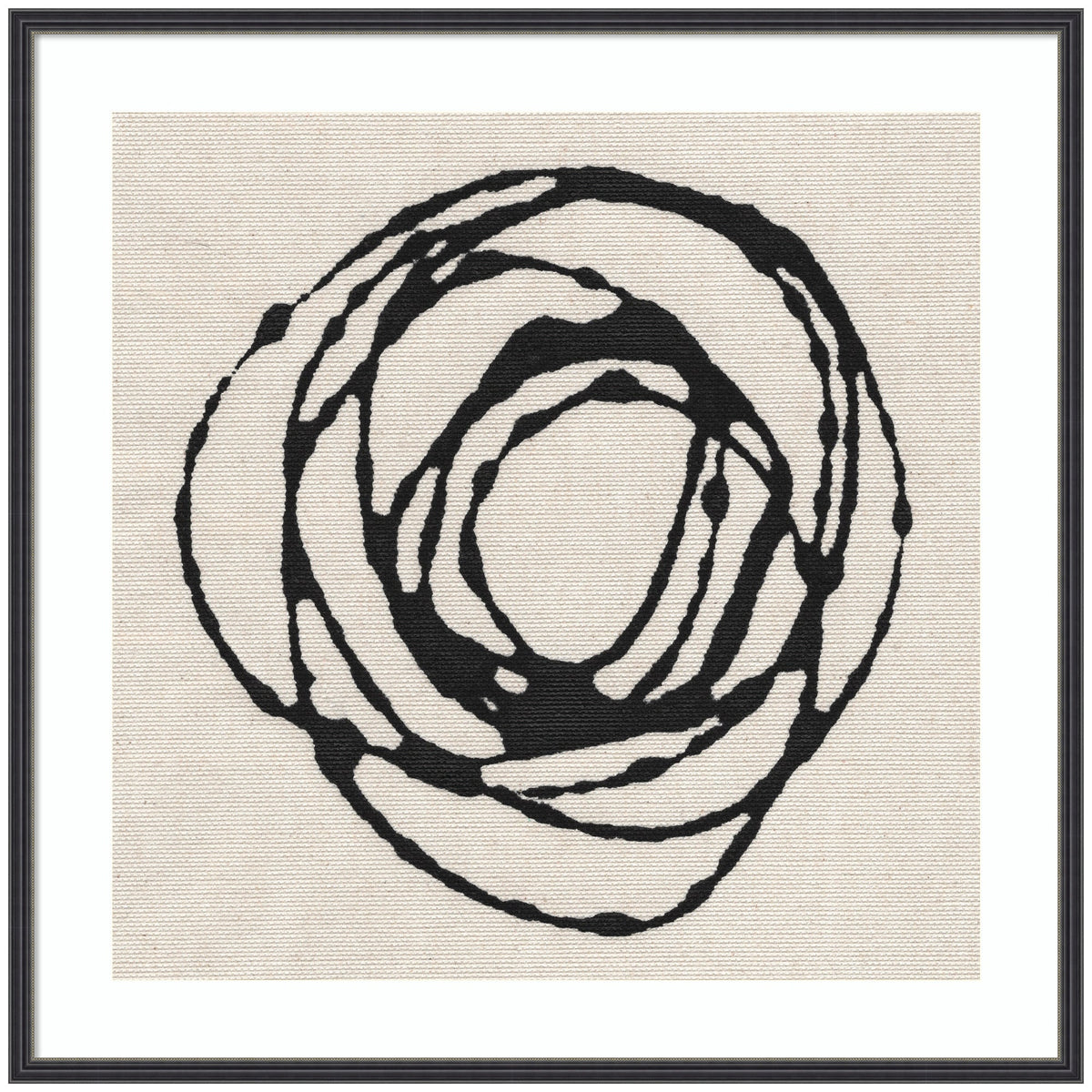 Abstract black swirling circle with irregular lines on beige textured background, framed in thin black square frame, titled Flowing Circle Abstract.