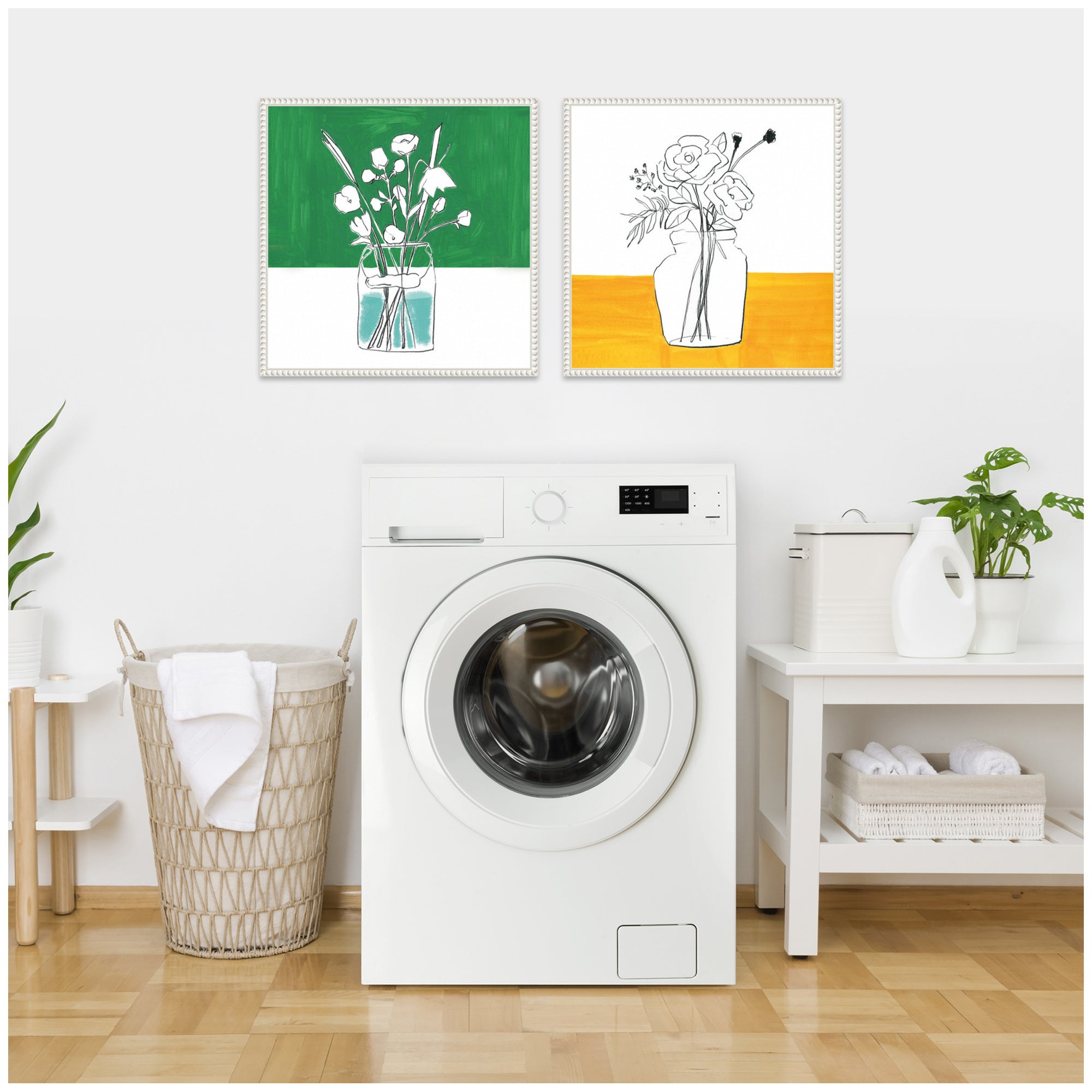 Sylvie Beaded Minimalist Floral Vase Green and Yellow Framed Canvas Art Set by Teju Reval