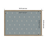 Top view of a rectangular pinboard with a light wooden frame and blue fabric surface patterned with small, evenly spaced white botanical motifs, showing labeled dimensions.