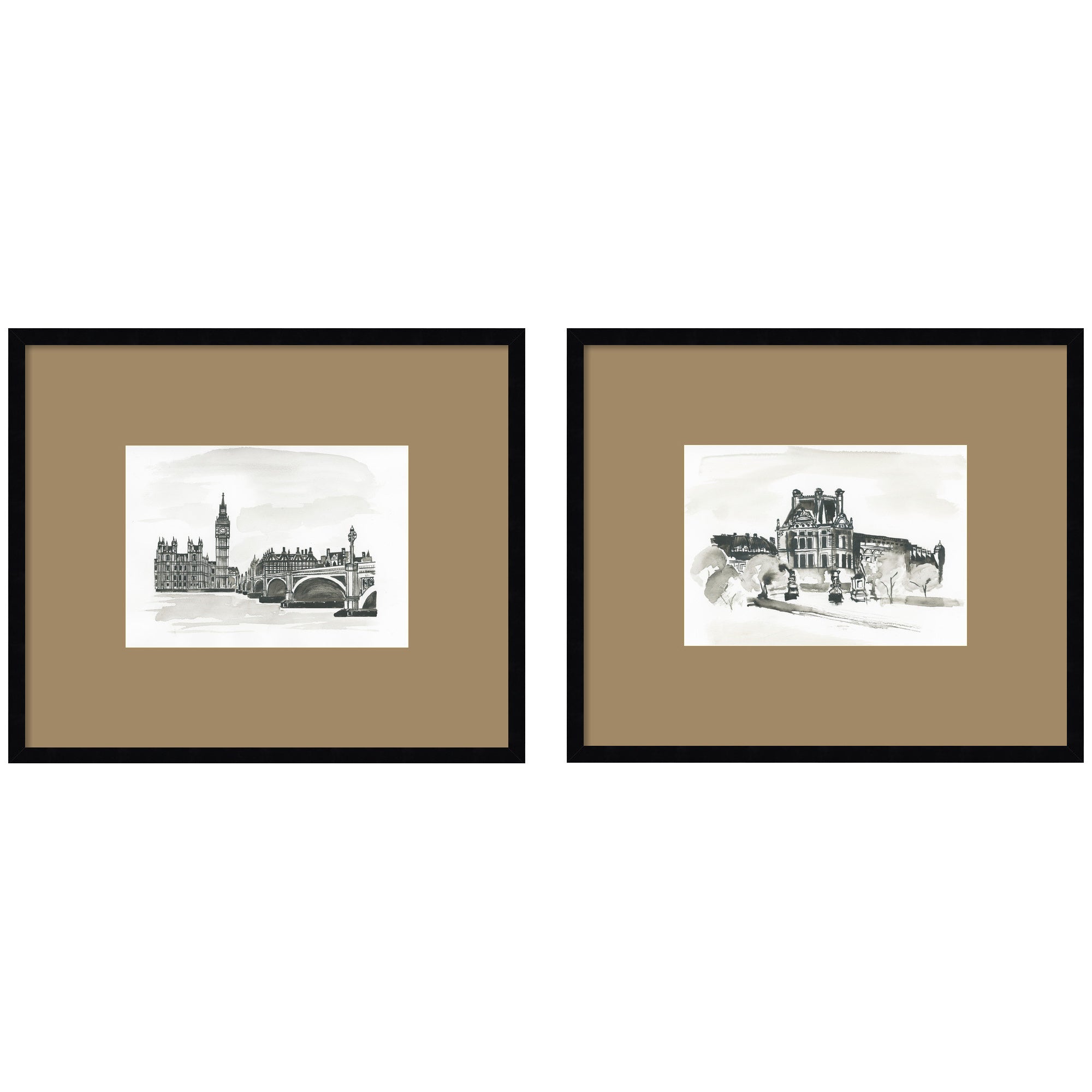 Vintage Postcard London & Paris 2 Piece Framed Wall Art Print Set by Teju Reval with brown mat