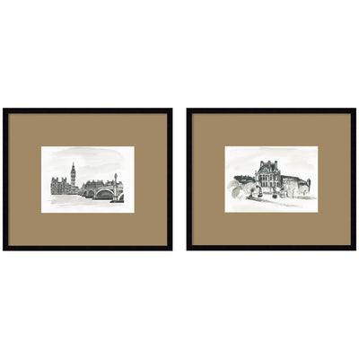 Vintage Postcard London & Paris 2 Piece Framed Wall Art Print Set by Teju Reval with brown mat