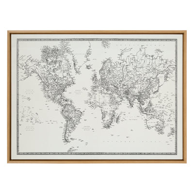 Sylvie Vintage Black and White World Map Framed Canvas by The Creative
