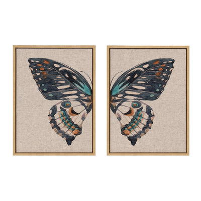Sylvie Boho Butterfly Watercolor Diptych Neutral Linen Framed Canvas Art Set by The Creative Bunch Studio