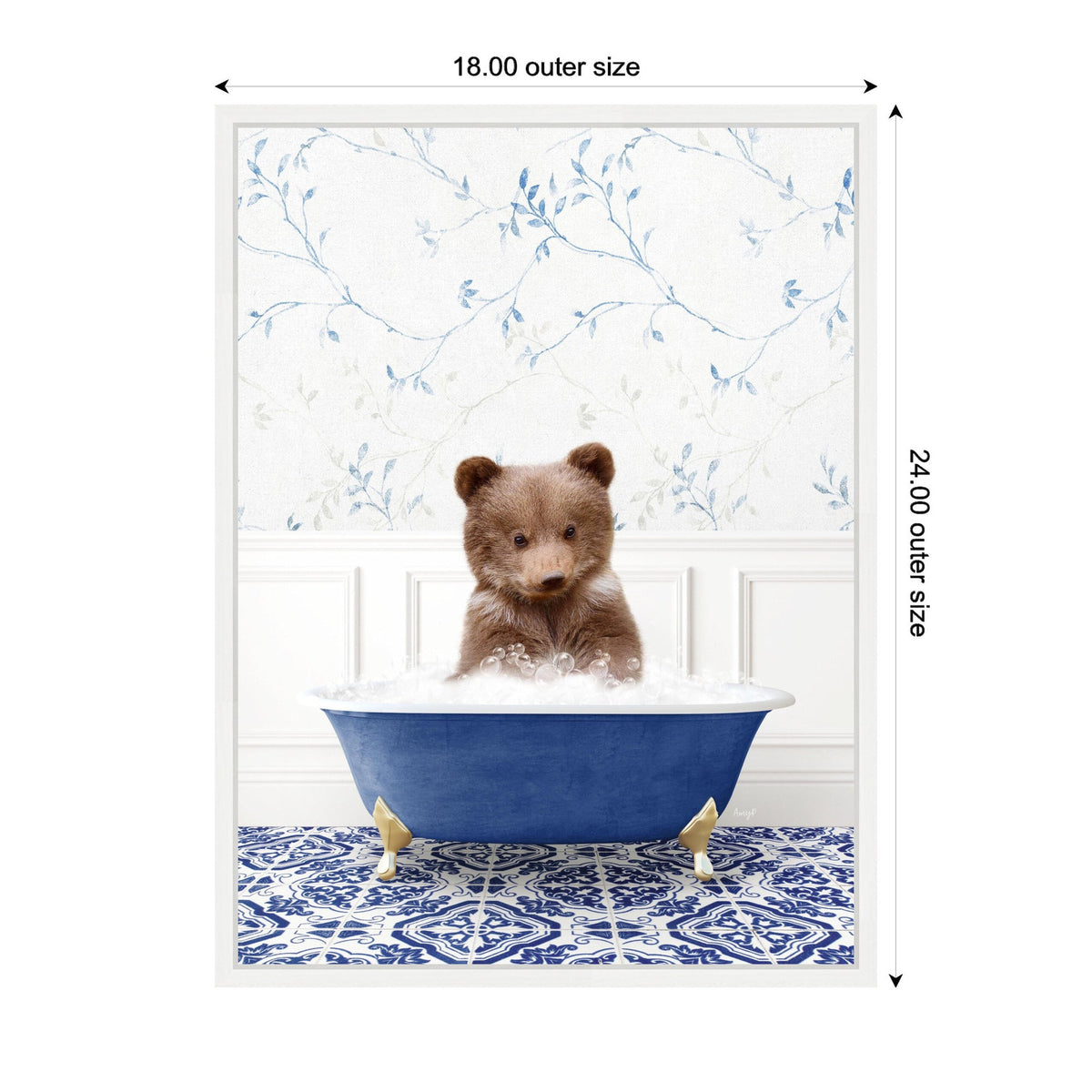 Young brown bear cub sitting in a blue clawfoot bathtub filled with bubbles, set against white wainscoting and floral wallpaper with blue leaves above patterned blue and white tile floor.