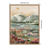 Framed landscape painting with snow-capped mountains, a muted beige sky with a sun, and a colorful wildflower field in the foreground.