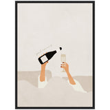 Illustration of two arms emerging from soft, neutral-toned bedding, one holding a black bottle labeled 'good morning' and the other a champagne glass, on a light beige background.