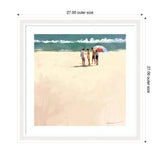 Digital painting of four people standing on a sandy beach near the ocean, with one holding a red, white, and blue umbrella under a cloudy sky.