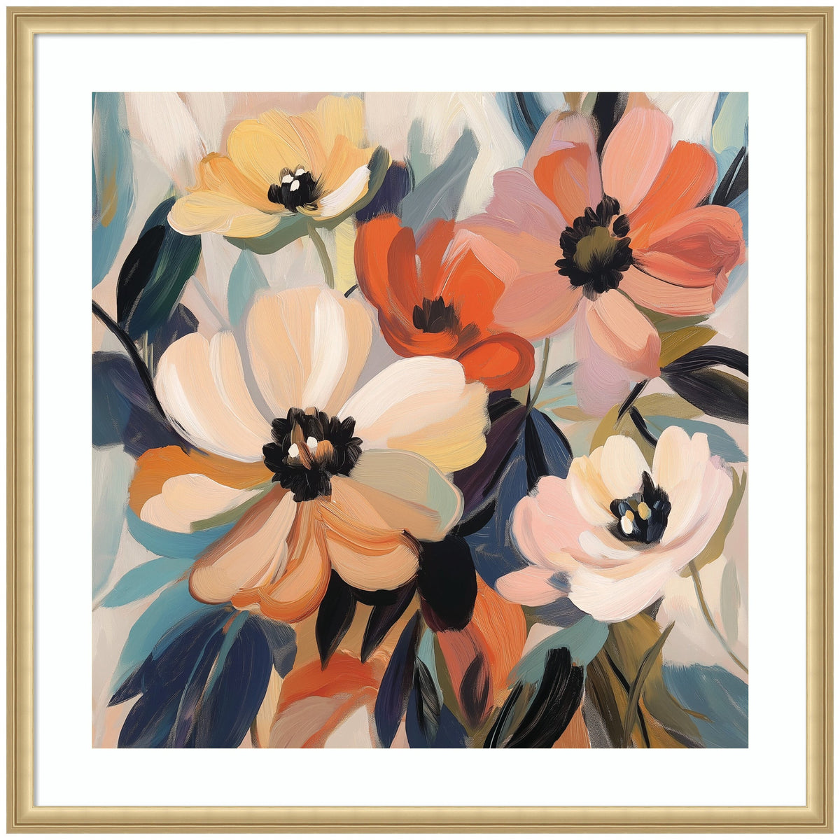 Abstract floral painting with creamy white, peach, yellow, and coral flowers against blue, green, and beige leafy background, framed in light wood with white mat.