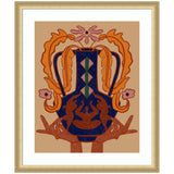 Framed wall art featuring two brown hands holding a blue and black patterned vessel with orange floral shapes extending above against a tan background.