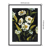 Painting of white daisies with yellow centers and green leaves on a dark moody background, framed in a simple silver frame with white matting.