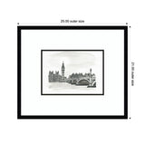 Black and white framed sketch of London landmarks including Big Ben and a bridge over the River Thames, with outer dimensions marked 25 by 21 inches.