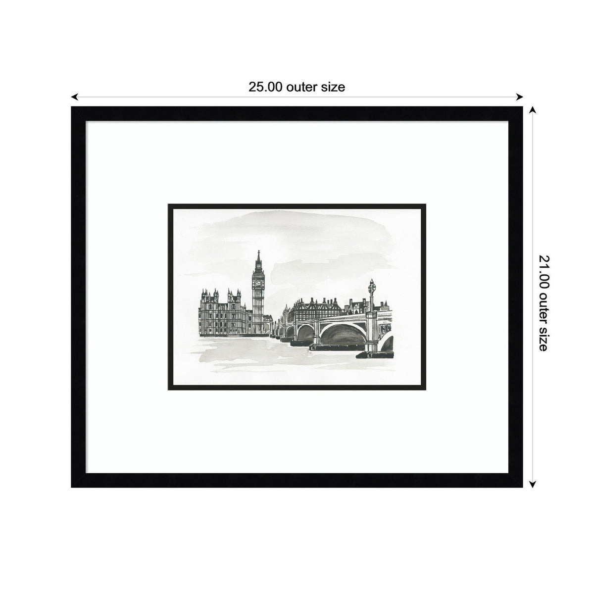 Black and white framed sketch of London landmarks including Big Ben and a bridge over the River Thames, with outer dimensions marked 25 by 21 inches.