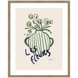 Framed print of a minimalist green striped vase with abstract flowers and the handwritten text 'Les Fleurs' in dark blue on beige background.