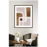 Abstract framed art with rhythmic curved and straight white lines over overlapping beige and brown textured blocks, hanging above a wooden round table with a white vase and two dark armchairs.