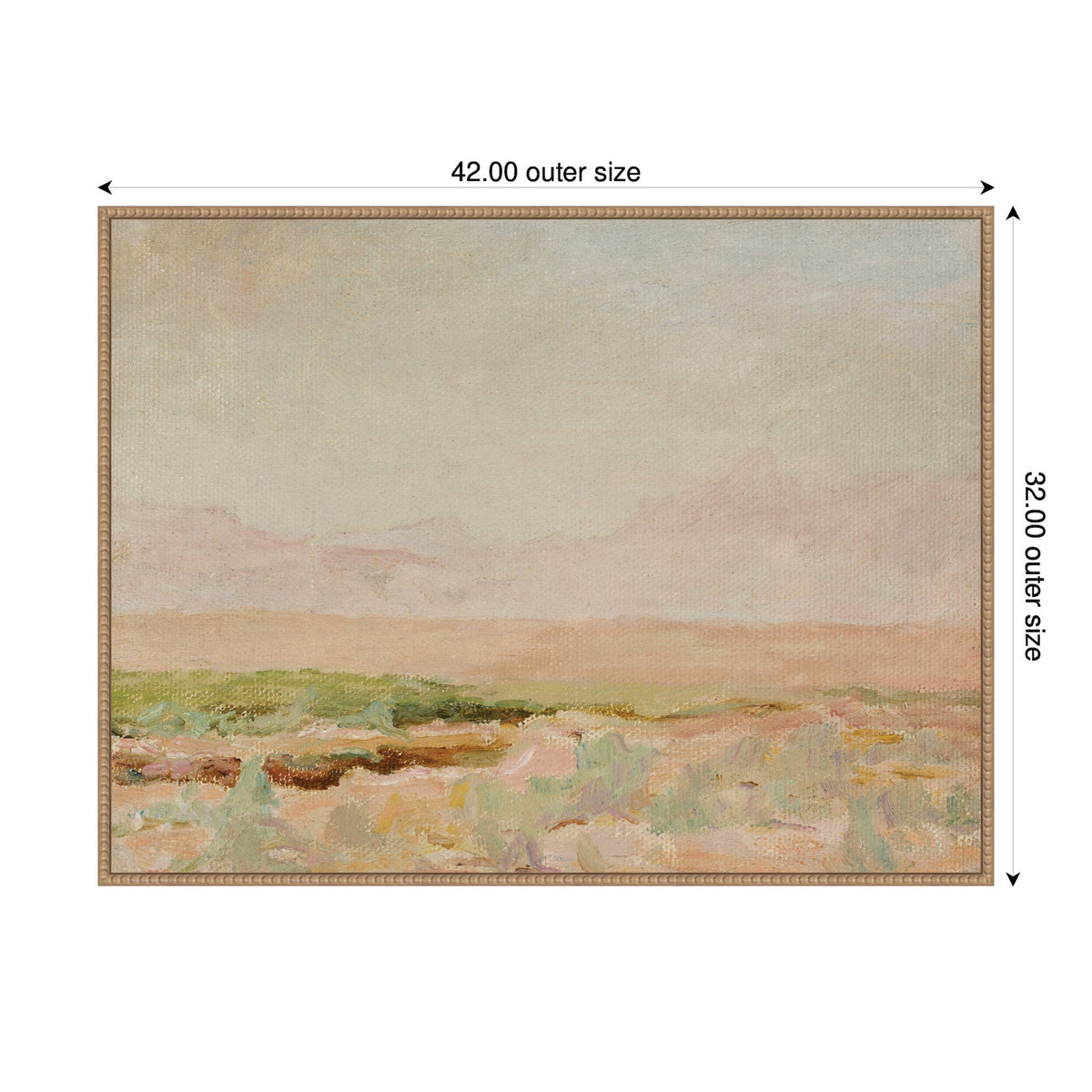 Framed canvas wall art depicting a muted desert landscape with soft pink skies and a greenish-brown terrain, sized 42 by 32 inches, in a beaded wooden frame.