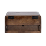 Rectangular wooden side table with curved edges and two black metal brackets on the back panel against a white background.