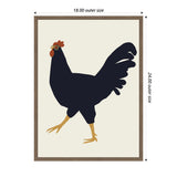 Minimalist framed canvas artwork of a black rooster with a red comb and yellow legs, wearing small glasses, set against a cream background with 18x24 inch dimensions indicated.