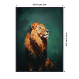 Portrait of a majestic lion with a rich orange mane against a deep green, textured background, emphasizing the lion's calm, proud expression.