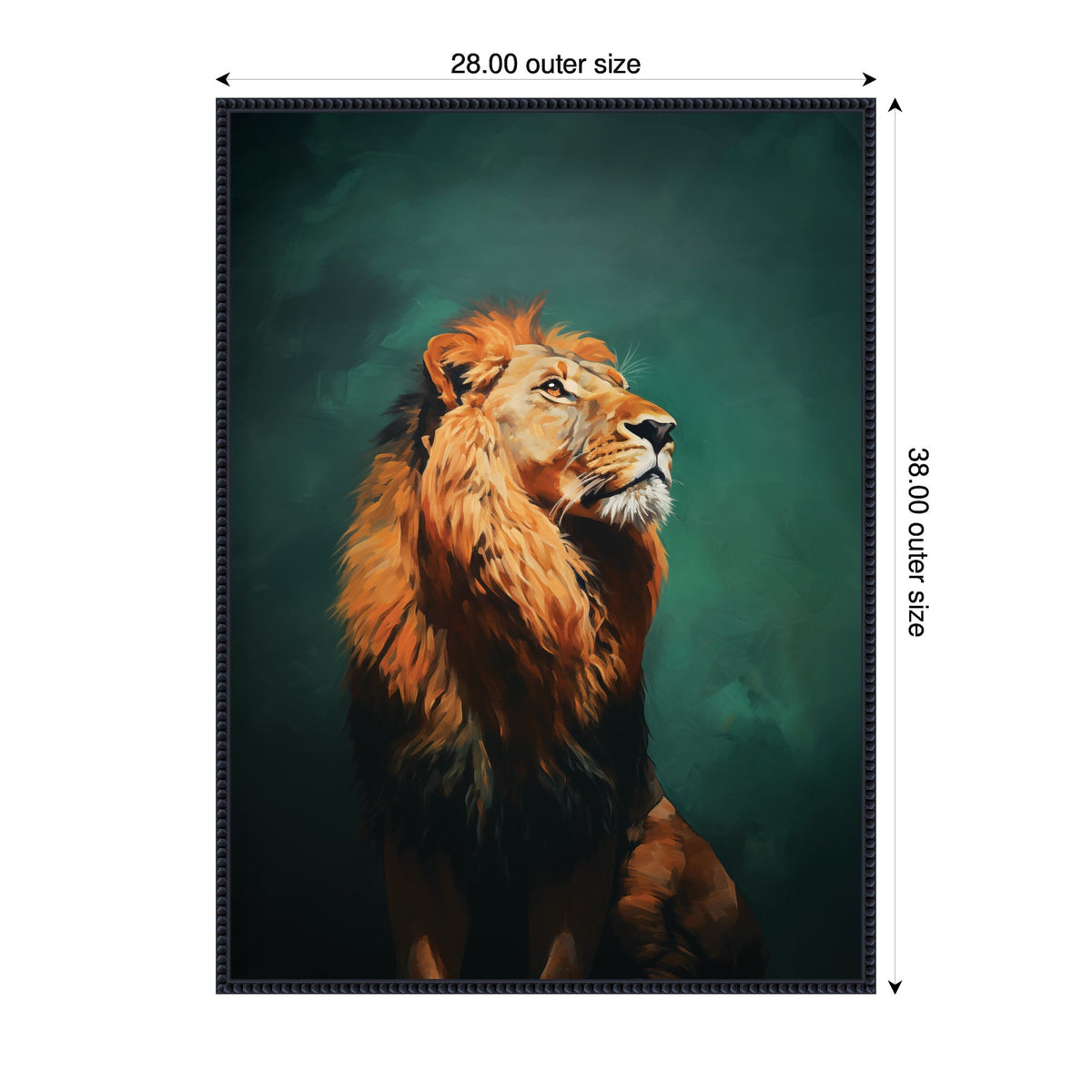 Portrait of a majestic lion with a rich orange mane against a deep green, textured background, emphasizing the lion's calm, proud expression.