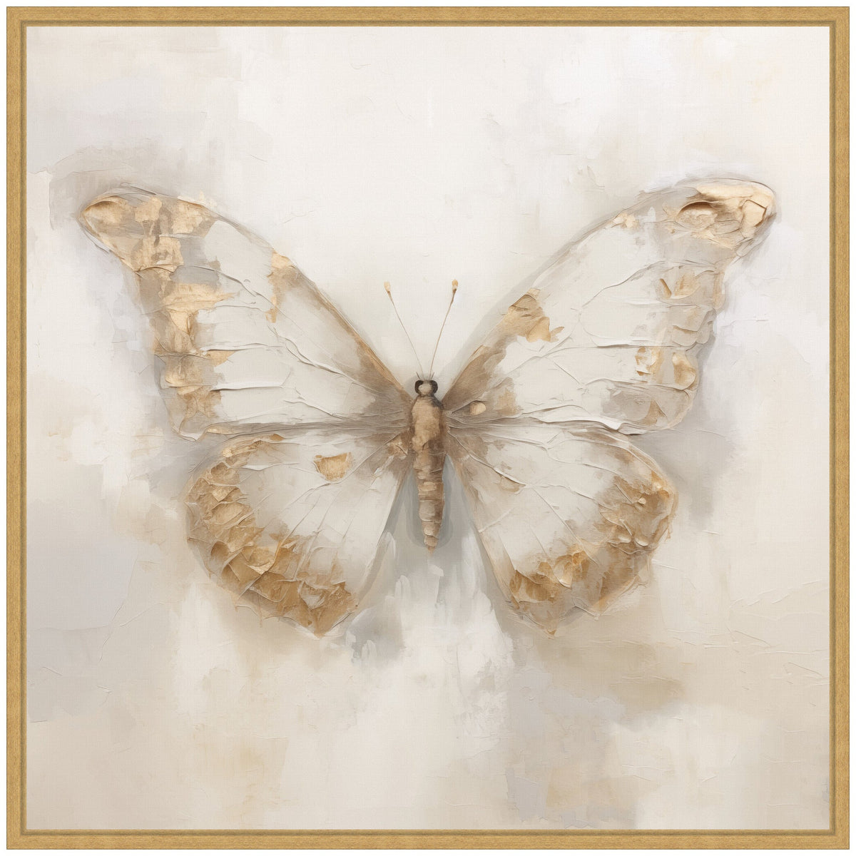 Neutral-toned butterfly artwork with textured beige and soft brown wings on a light, slightly mottled background in a natural wood frame.