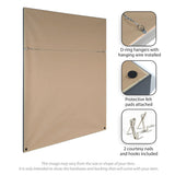 Back view of a framed artwork with brown paper backing, metal D-ring hangers and wire, black protective felt pads on corners, and included mounting nails and hooks.