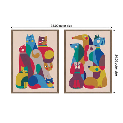 Retro Cats & Dogs 2 Piece Framed Canvas Wall Art Set by Rachel Lee
