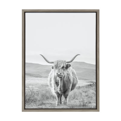 Sylvie Highland Cow Mountain Landscape Black and White Framed Canvas by