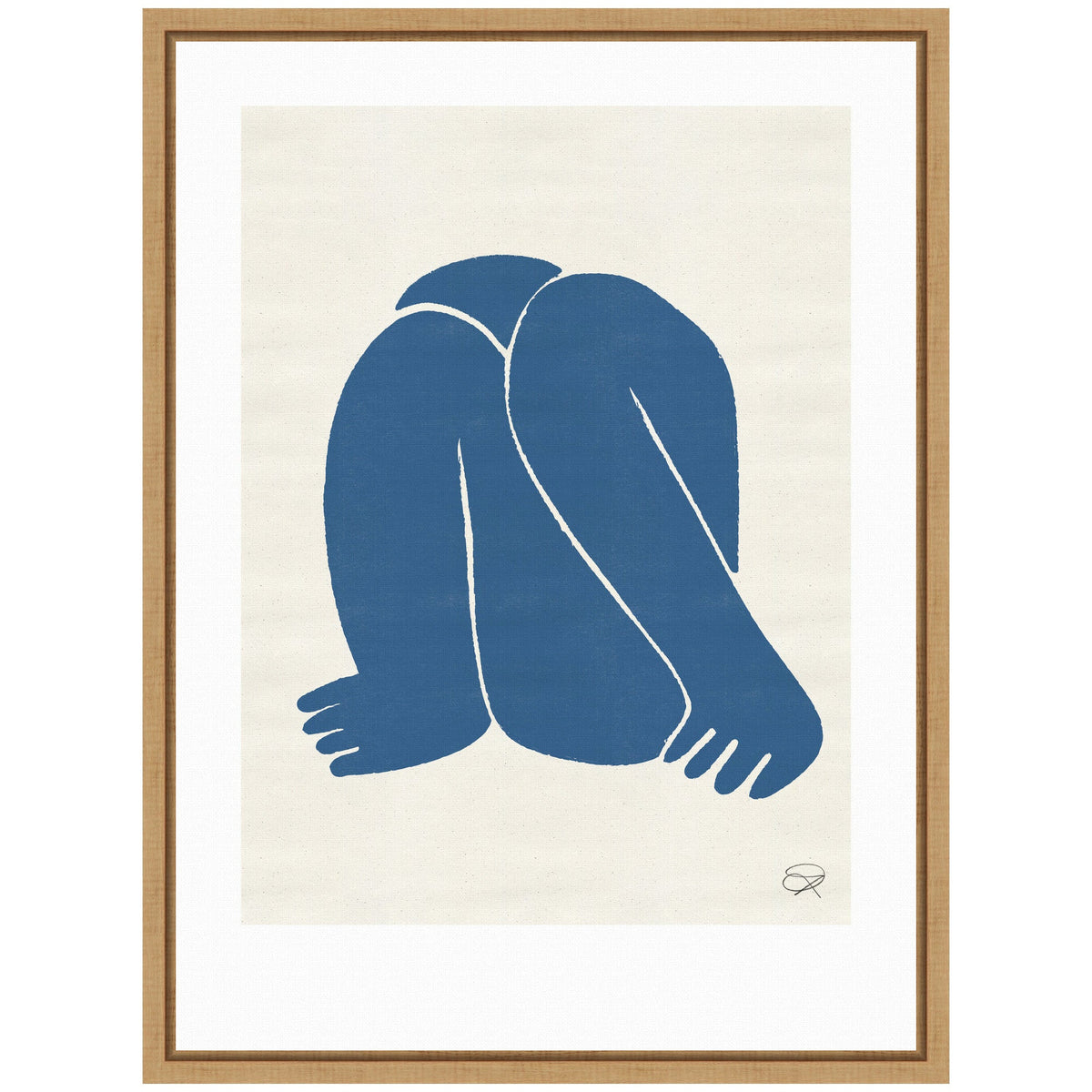 Abstract blue silhouette of a figure with bent legs and arms intertwined, set on a beige background within a wooden frame.
