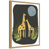 Framed canvas wall art print titled 'Giraffes Under The Moon' by Alicia Abla showing giraffes under a full moon in a Sylvie frame