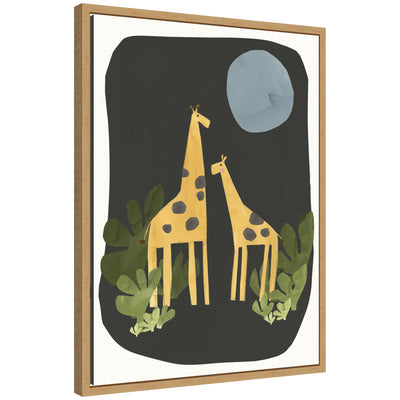 Framed canvas wall art print titled 'Giraffes Under The Moon' by Alicia Abla showing giraffes under a full moon in a Sylvie frame