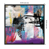 Abstract canvas art with bold black brushstrokes over layered patches of white, blue, pink, and purple, accented with geometric shapes in a square black frame.