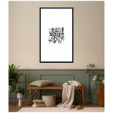 Framed black and white abstract wall art with organic interconnected lines above a wooden bench, surrounded by green plants and cozy decor in a muted green and beige room.