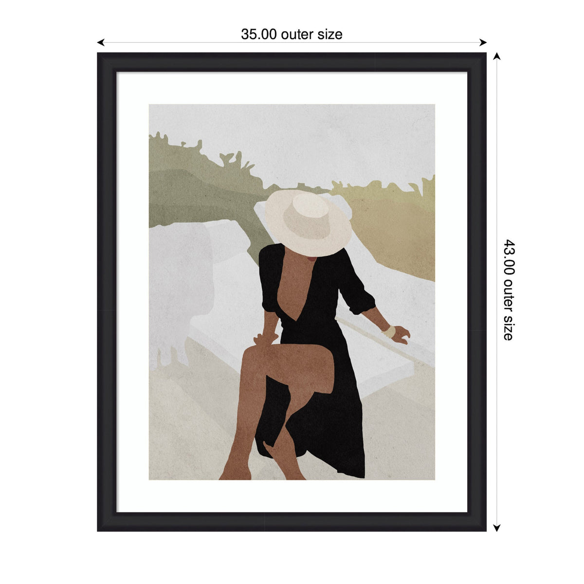 Minimalist framed art of a woman in a black dress and large beige hat sitting with one leg crossed over the other against a muted beige and green background.
