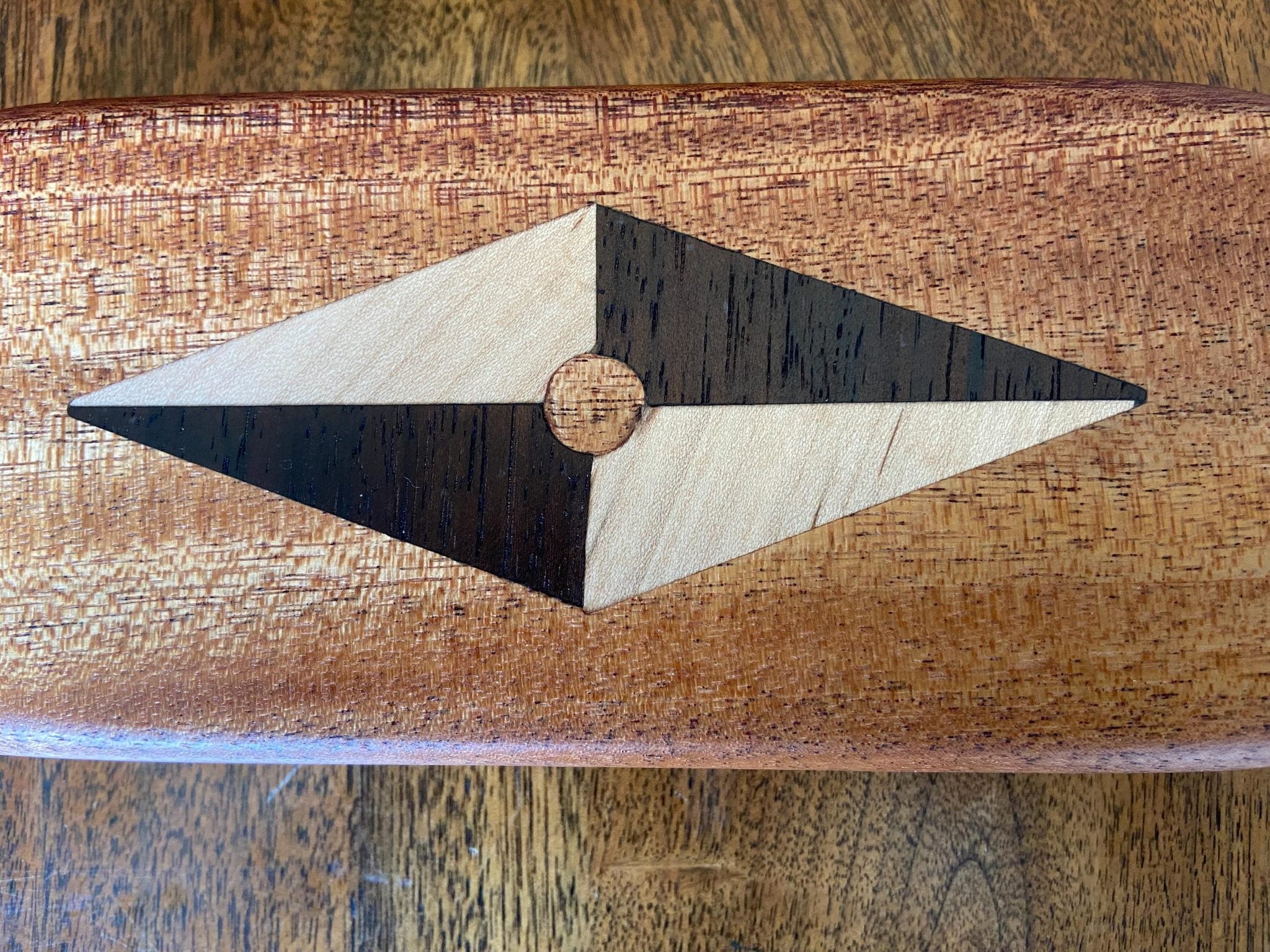 Handcrafted hardwood keepsake box with wood inlay, 8.25 by 3.25 inches