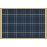 Rectangular wall pinboard with navy blue fabric and thin beige grid lines, enclosed in a light wooden frame.