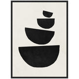 Abstract black geometric shapes stacked vertically on a beige textured canvas, framed in a slim black frame, creating a minimalist balanced composition.
