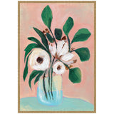 Painting of white flowers with brown centers and large green leaves in a light blue vase against a pink background framed in an ornate gold frame.