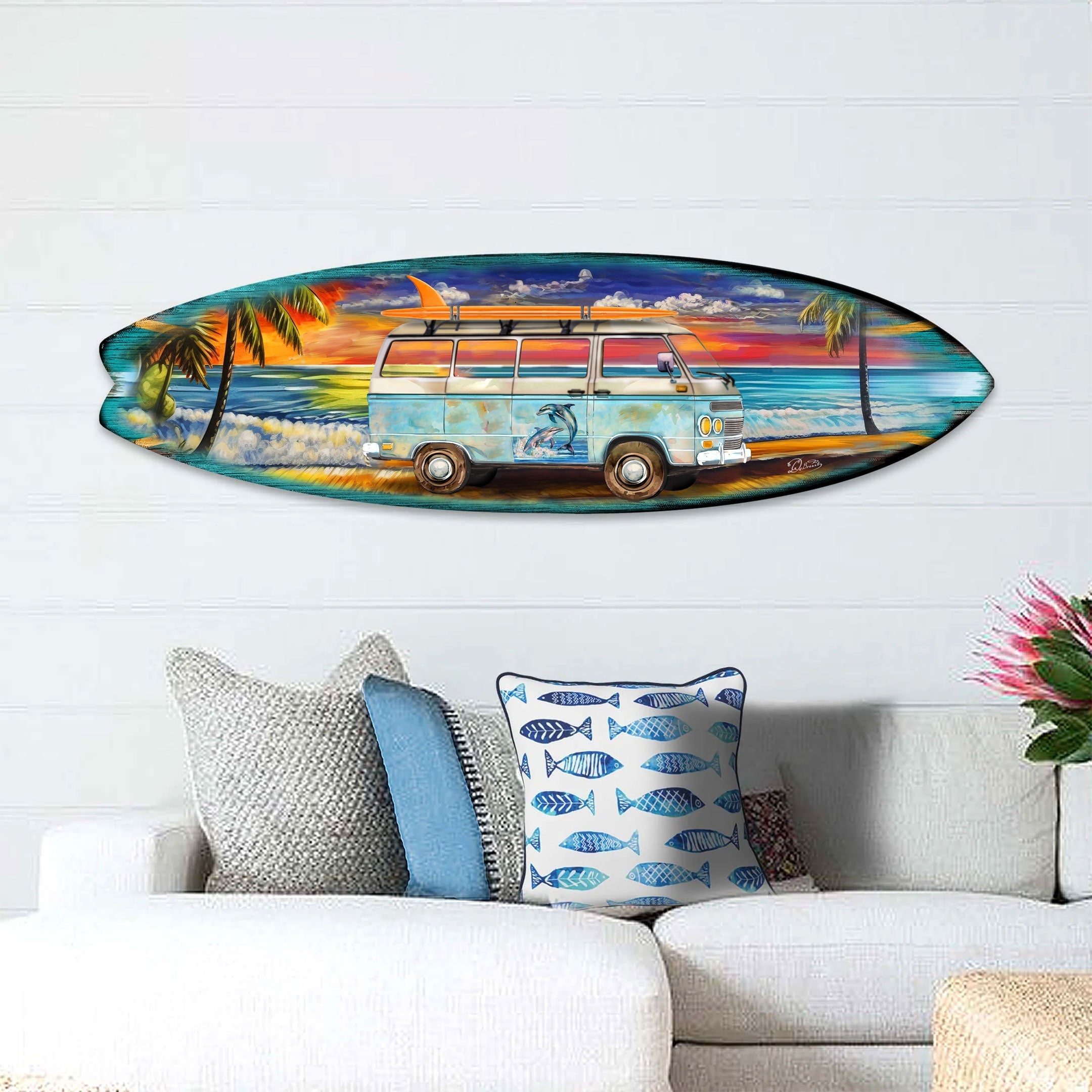 Wooden wall art showing a vintage surf van with surfboards, designed by G. DeBrekht