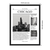 Framed black-and-white Chicago city article print featuring a skyline photo, city nickname 'The Windy City', and text about culture and history.