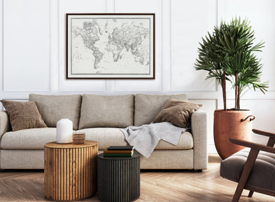 Sylvie Vintage Black and White World Map Framed Canvas by The Creative