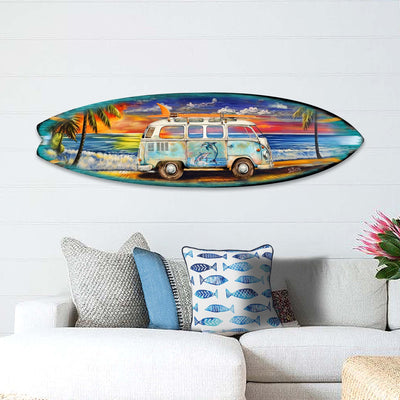 Surf Van at the Beach Surfboard Coastal Wall Art featuring vintage van and surfboard on layered birchwood