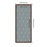 Rectangular block print with gray-blue background and evenly spaced small white botanical motifs, bordered by a dark brown wooden frame, with dimensions labeled inside and outside frame.