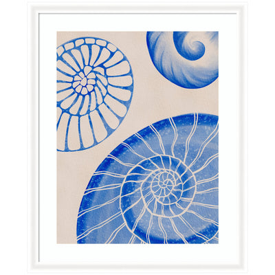 Framed Art Ocean charms l by Nikita Jariwala showing abstract nautilus shells in blue tones