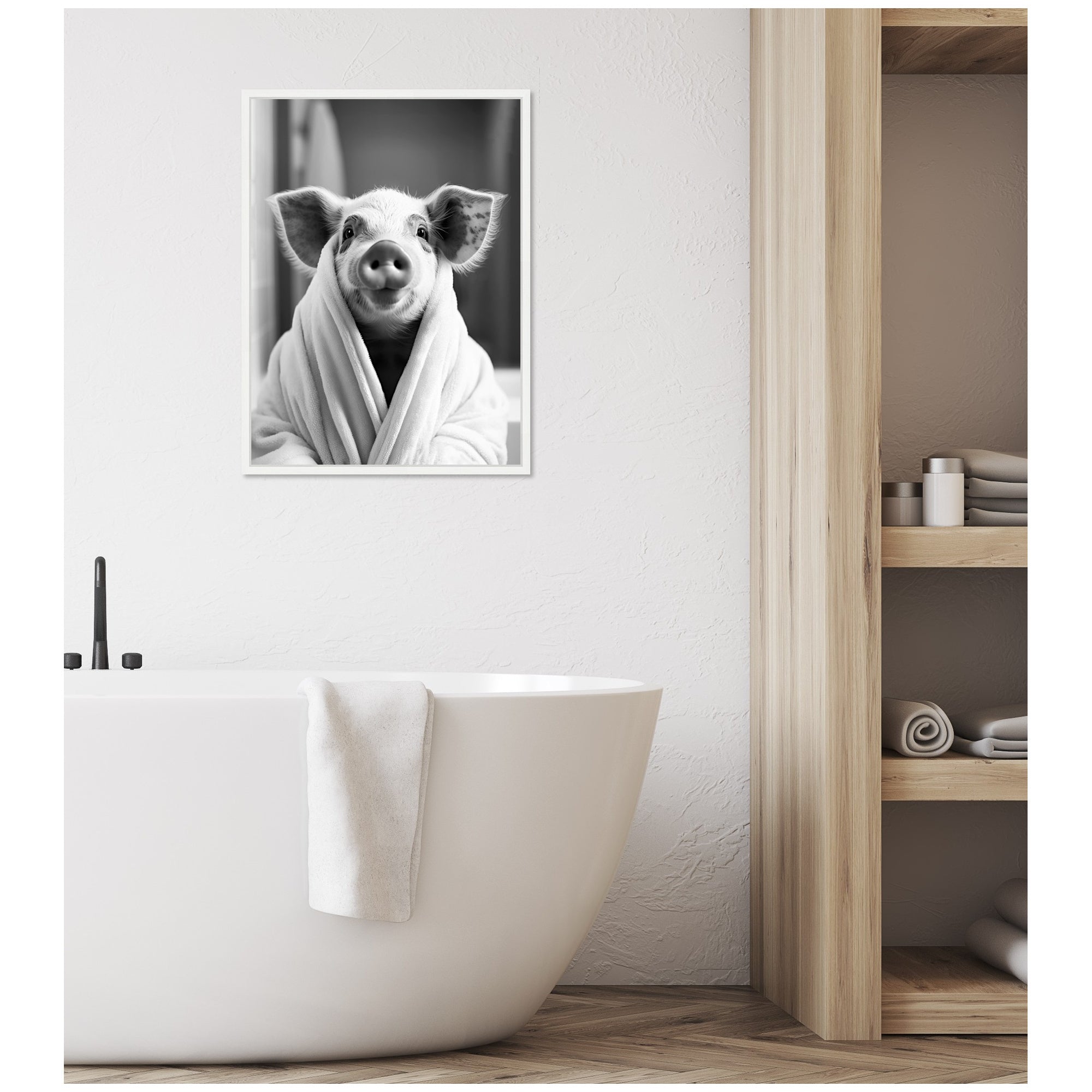 Sylvie Pig Bathroom Art Towel Robe Black and White Framed Canvas