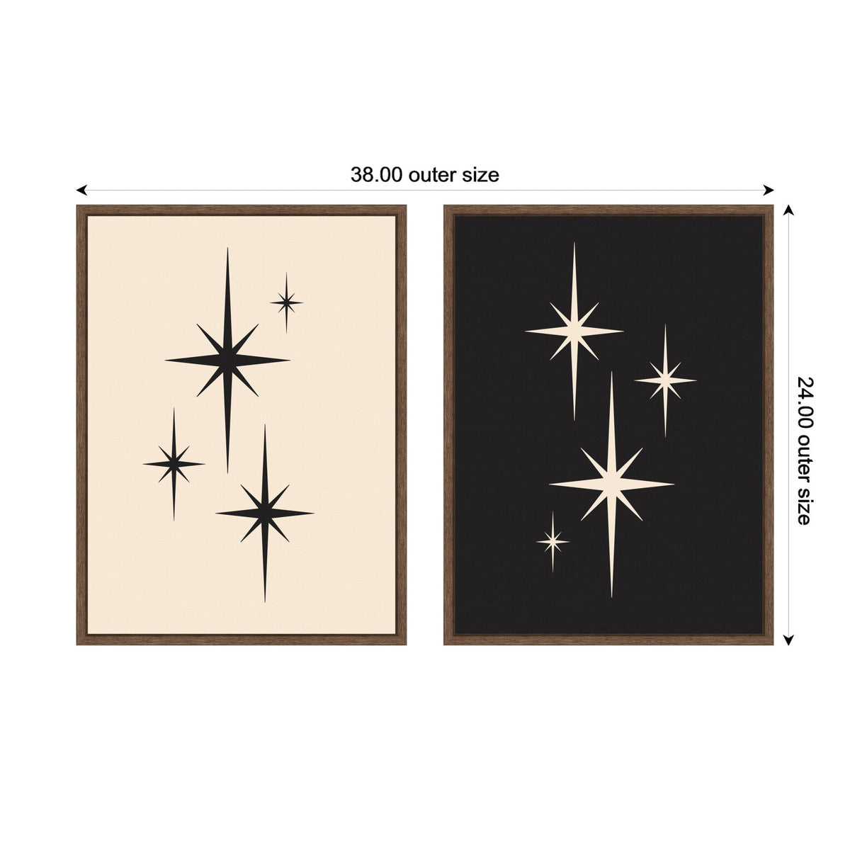 Two framed canvases side by side, one beige with black retro starburst shapes, the other black with beige starburst shapes, each with various sized stars.