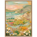 Framed impressionist landscape painting depicting coastal hills with green and purple hues, a teal sea, and foreground wildflowers in white, orange, and pink tones.