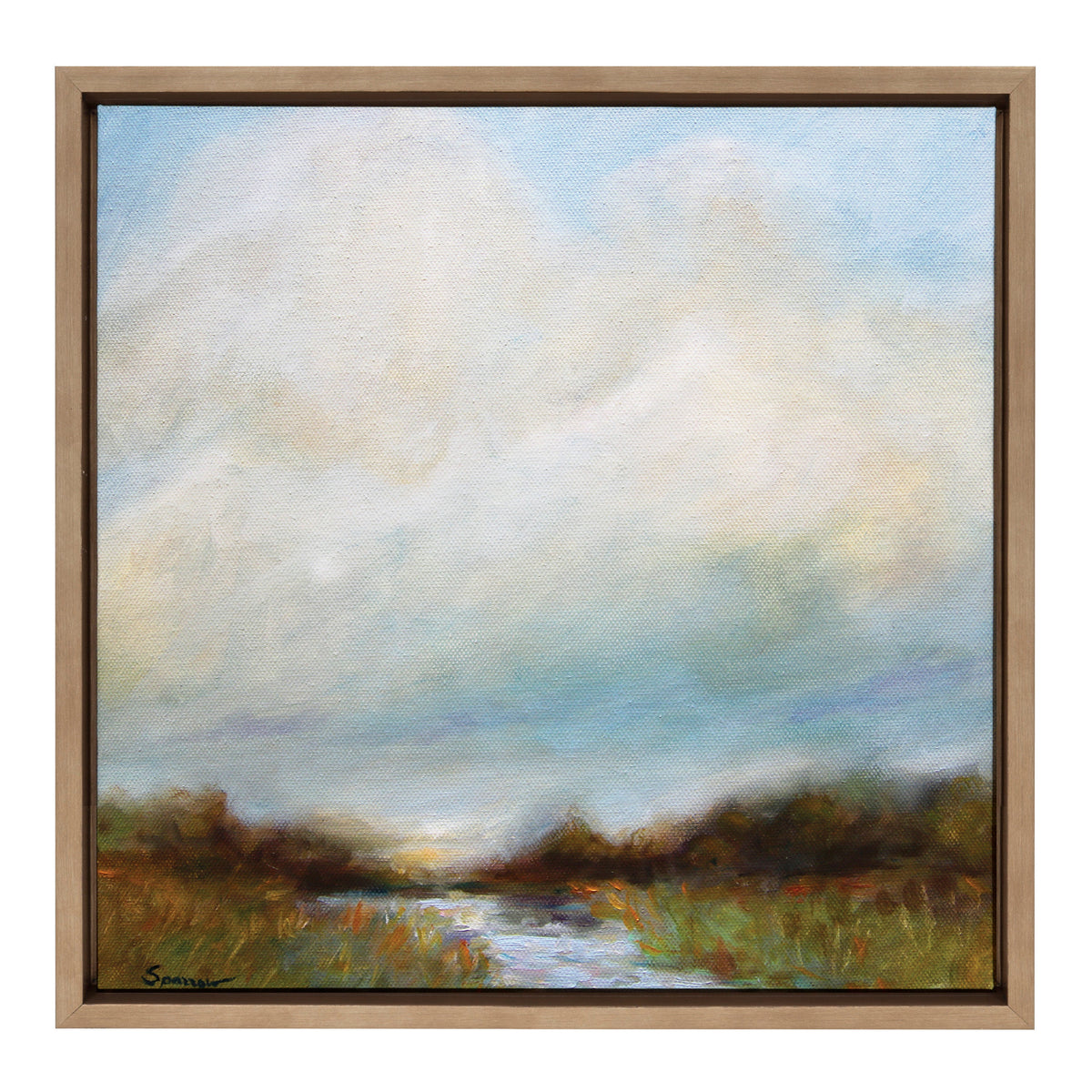 Softly blended oil painting of a serene landscape with broad cloudy sky, distant hazy hills, and a reflective waterway amid grassy foreground, framed in light wood.